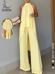 Women's Casual Fashion Halter Neck Vacation Style Two-Piece Set, European and American Cross-Border Spring Summer Sleeveless Top