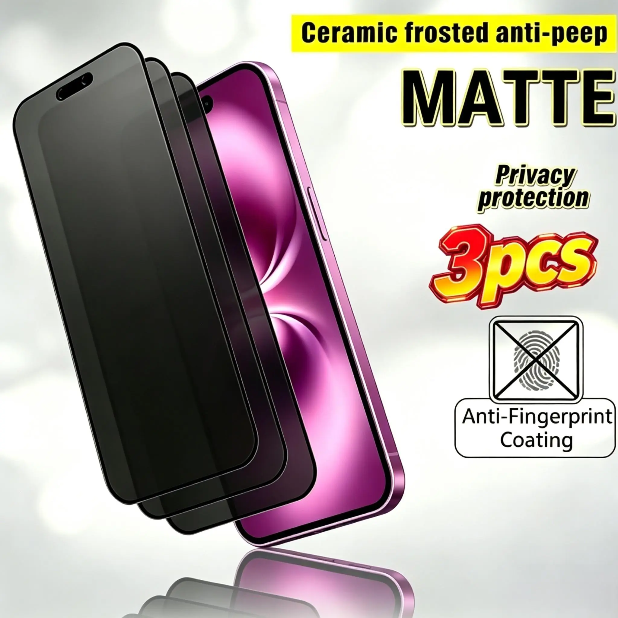 Privacy Anti Spy Smartphone Screen Protector Set for iPhone, 3pcs Frosted Ceramic Film, 9D Full Coverage Anti-Glare, Compatible with Multiple iPhone 17/17 Air/17 Pro/17 Pro Max/16/16 Pro Max/16 E/15/14 Plus/13/12/11 Pro Max