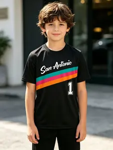 San Antonio Graphic T-Shirt, Slim-Fitting Short Sleeve, Casual Style, Basketball Theme, Boys' Clothing, Number 1 Design, Graphic Print Tee