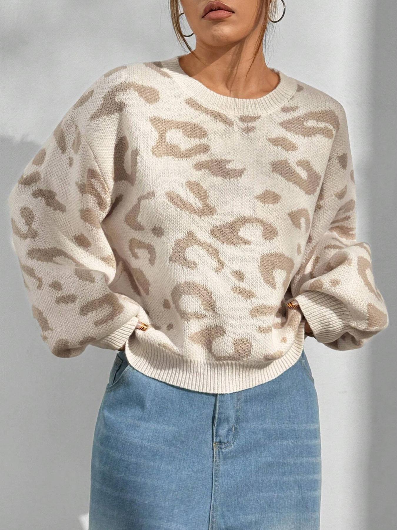 Women's Leopard Print Crew Neck Sweater, Casual Long Sleeve Jumper for Fall & Winter, Fashion Ladies' Knitwear Knitting for Daily Wear