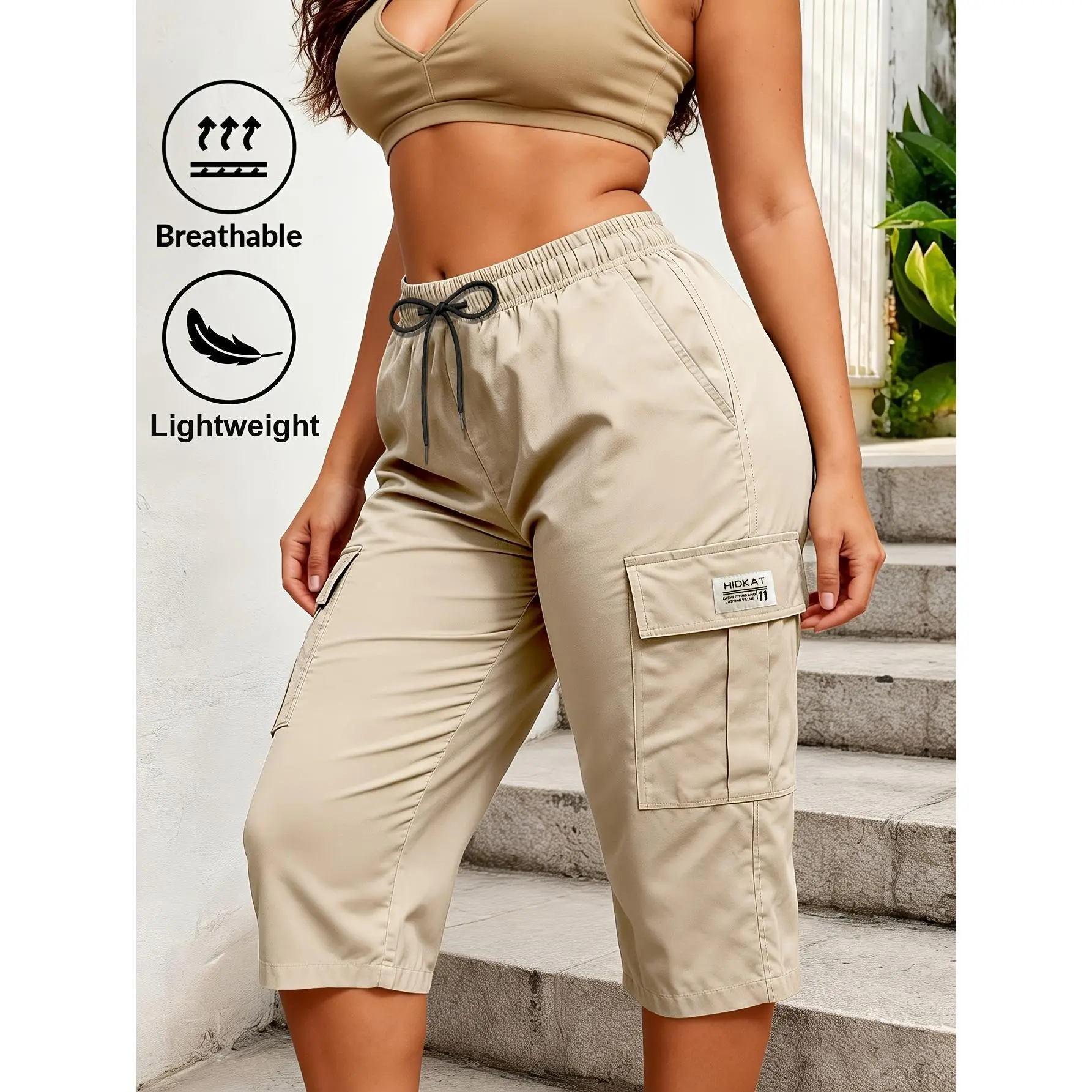 Females' Loose Solid-Tone Athletic Capri Pants - Elasticated Drawstring Waist, Flap Pockets, Multi-Purpose Casual Bottoms for Daily Attire, Outdoor Streetwear