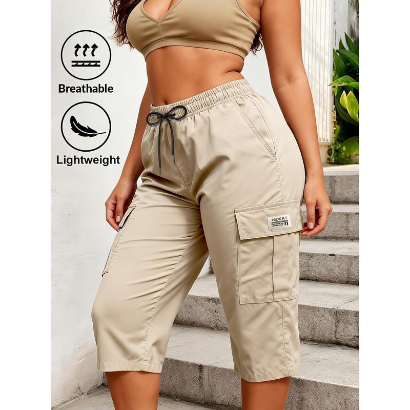 Women's Loose-Fit Solid-Tone Nylon-Polypropylene Blend Breathable Capri Pants - Elastic Waist with Drawstring, Flap Pockets, Machine Washable, Universal Sport Female Clothing for Daily & Outdoor Use