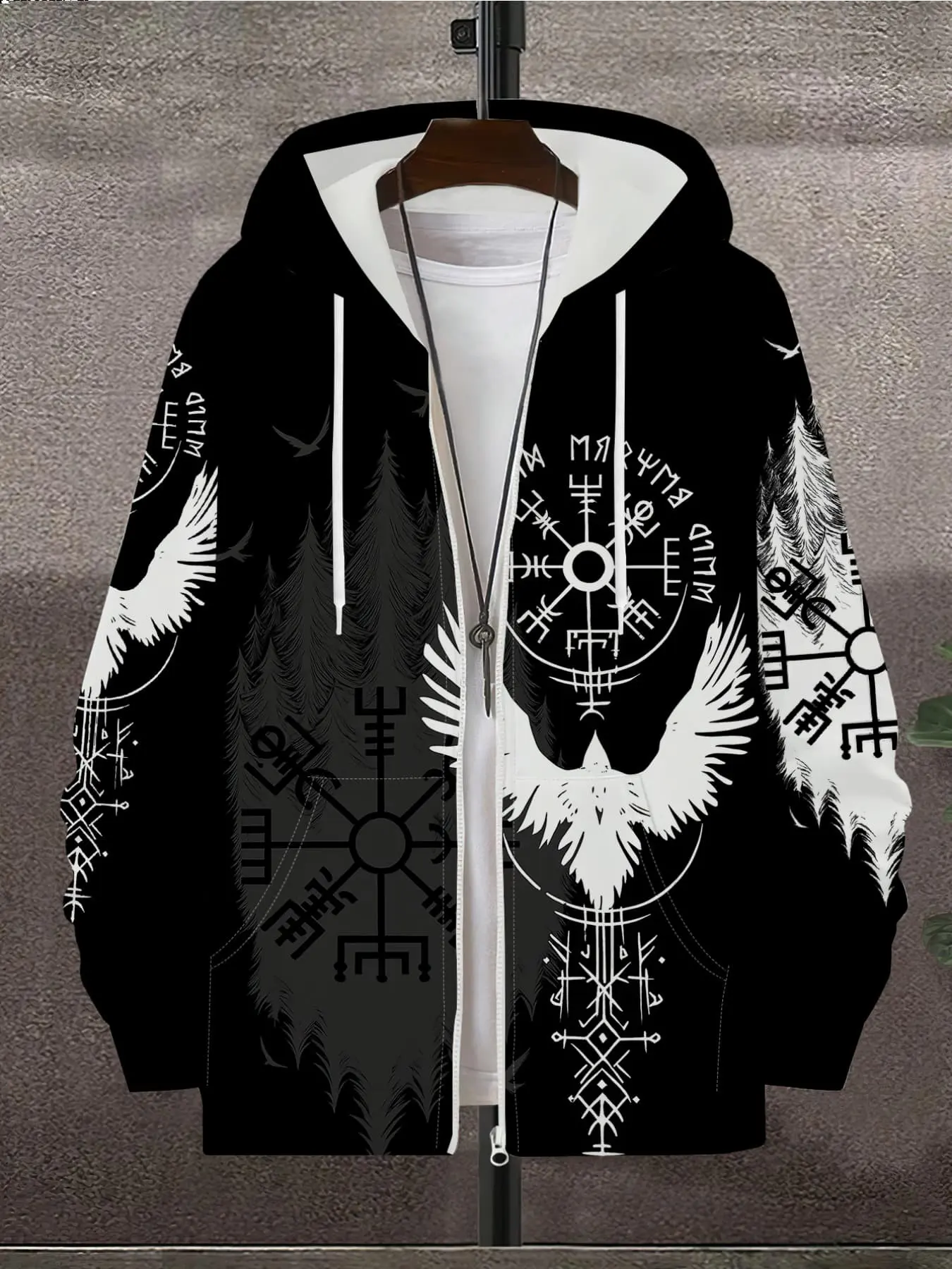 Nordic Mythology Viking Raven Compass Rune Forest Print Men’s Zip-Up Hooded Sweatshirt – Vintage Casual Cardigan Jacket