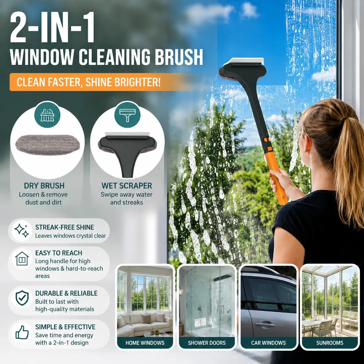 2-In-1 Dual-Sided Window Screen Cleaner Brush with Scraper and Long Handle, Dry Wet Glass Cleaner, Ideal Gift, Multi-Purpose Home Cleaning Tool, Window Squeegee