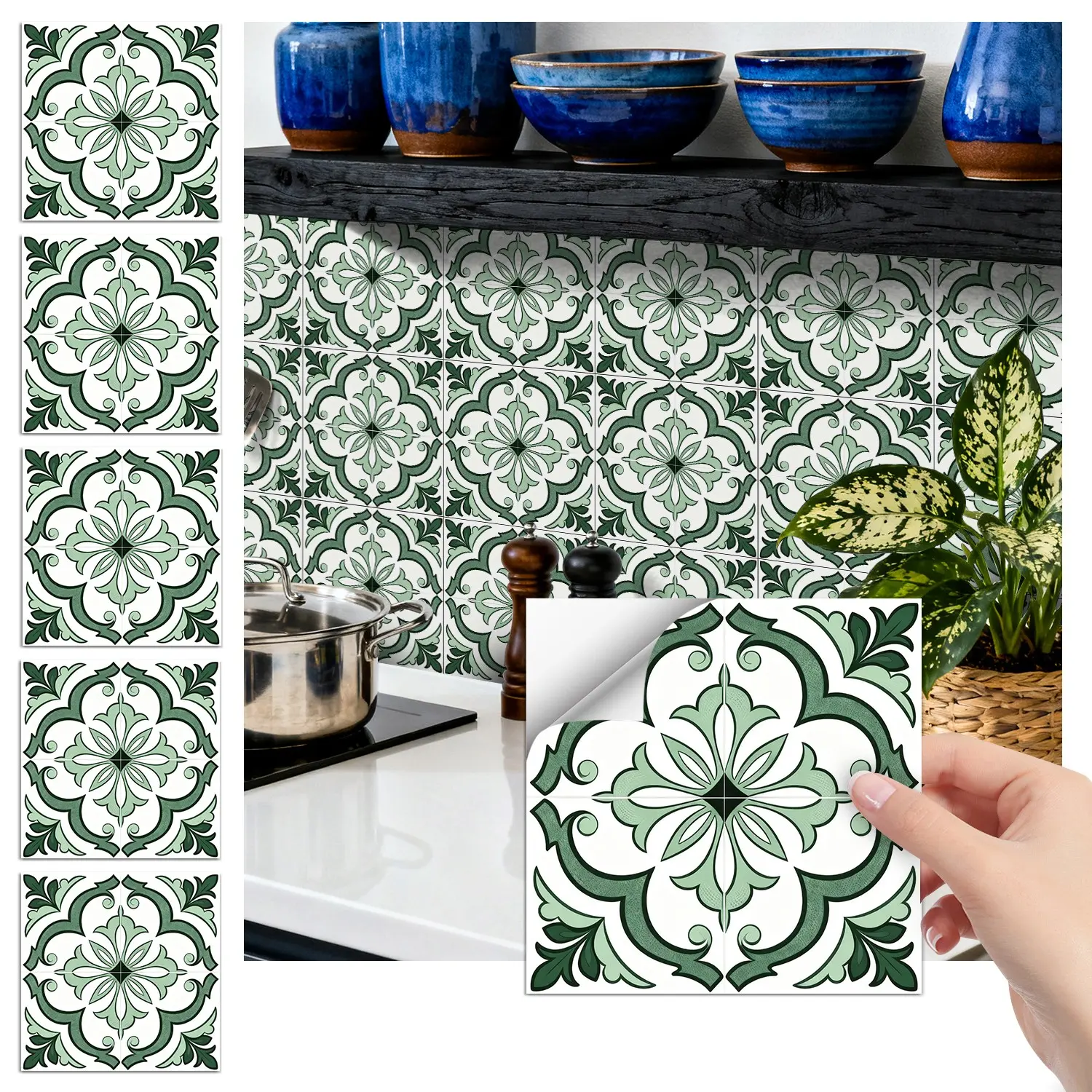 Vintage Moroccan Tile Wall Stickers, Waterproof Peel and Stick, Easy Install Kitchen Backsplash, Flat Sticker_type, No Ca_prop_65_re