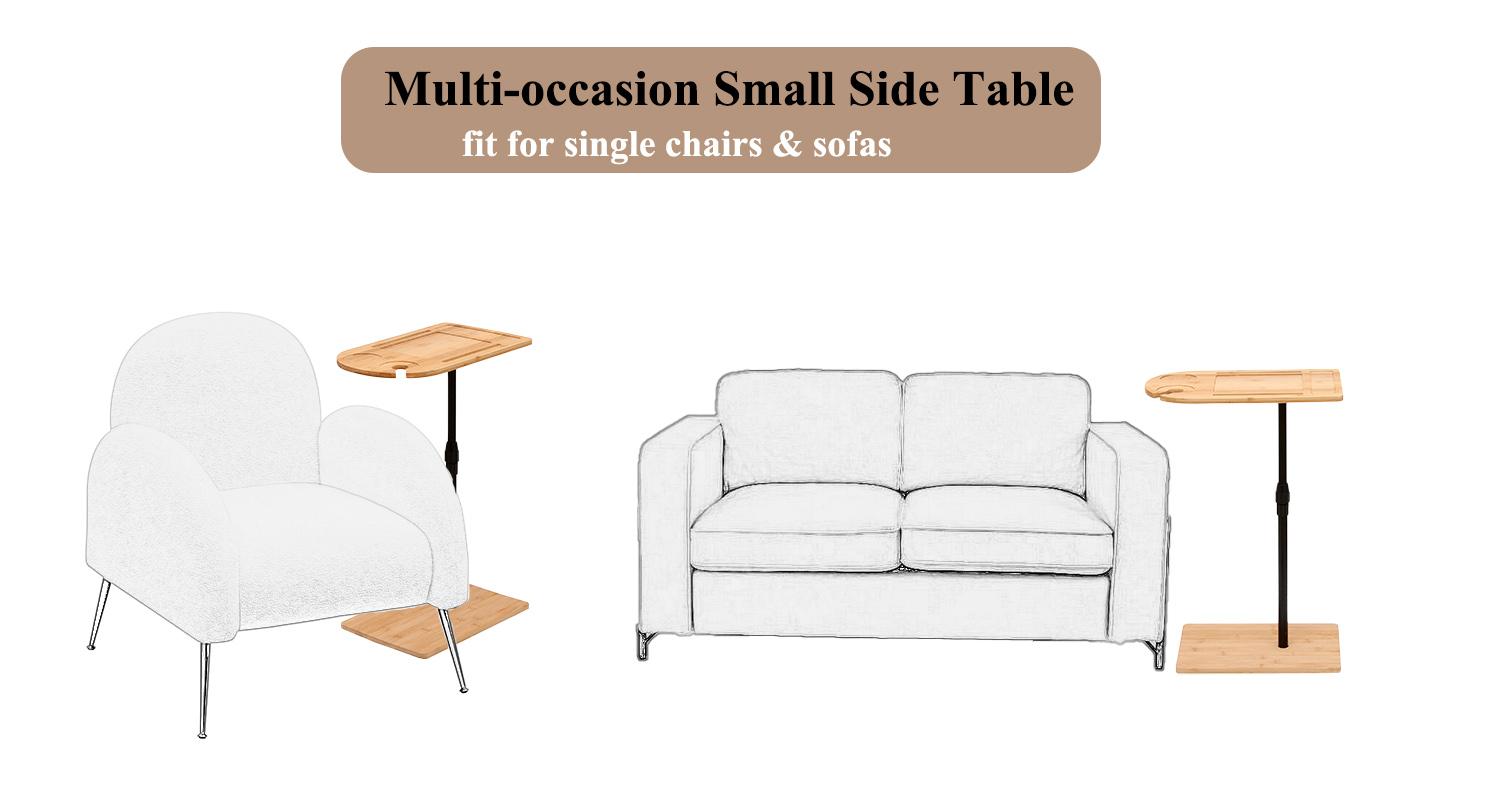 Couch Tray Table Bamboo Height Adjustable Side Table for Sofa C-shaped Oval End Tables with Slots for Bed & Chairs in Living Room & Bedroom Oval Rectangle, Bamboo Top, Farmhouse Look