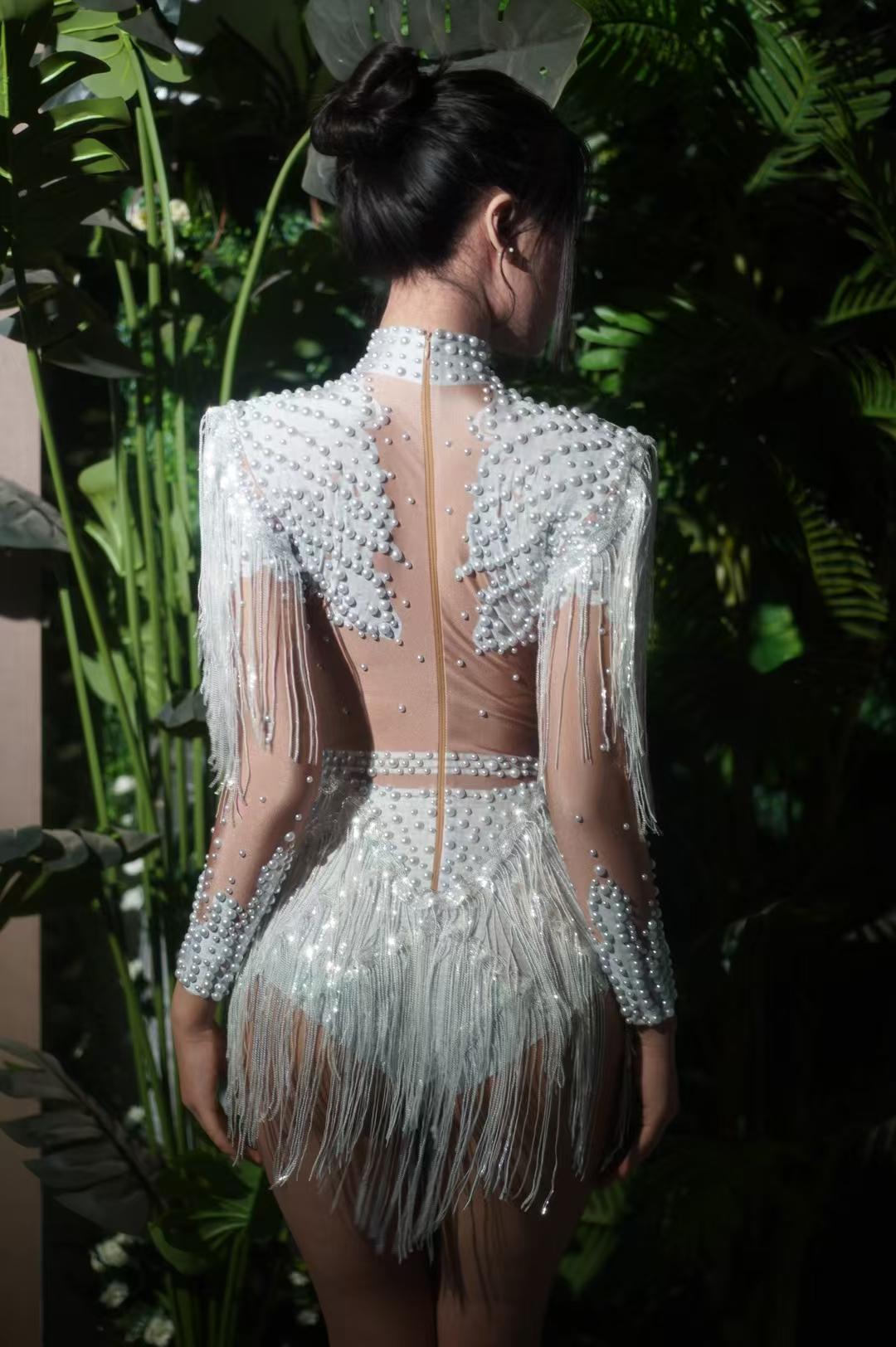 Gold Silver Sequins Tassel Elastic Bodysuit Sex)Pole Latin Dance Stage Wear Nightclub  DJSinger Dancer Performance Costume  Q025