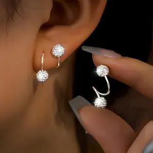2pcs Easy Fashionable Lightweight Luxury Stainless Steel Flashing Rhinestone Spherical Ear Studs with Screw-On S-Shaped Ear Studs for Women'S Daily Banquet, Birthday, Thanksgiving, Valentine'S Day, Christmas Gifts