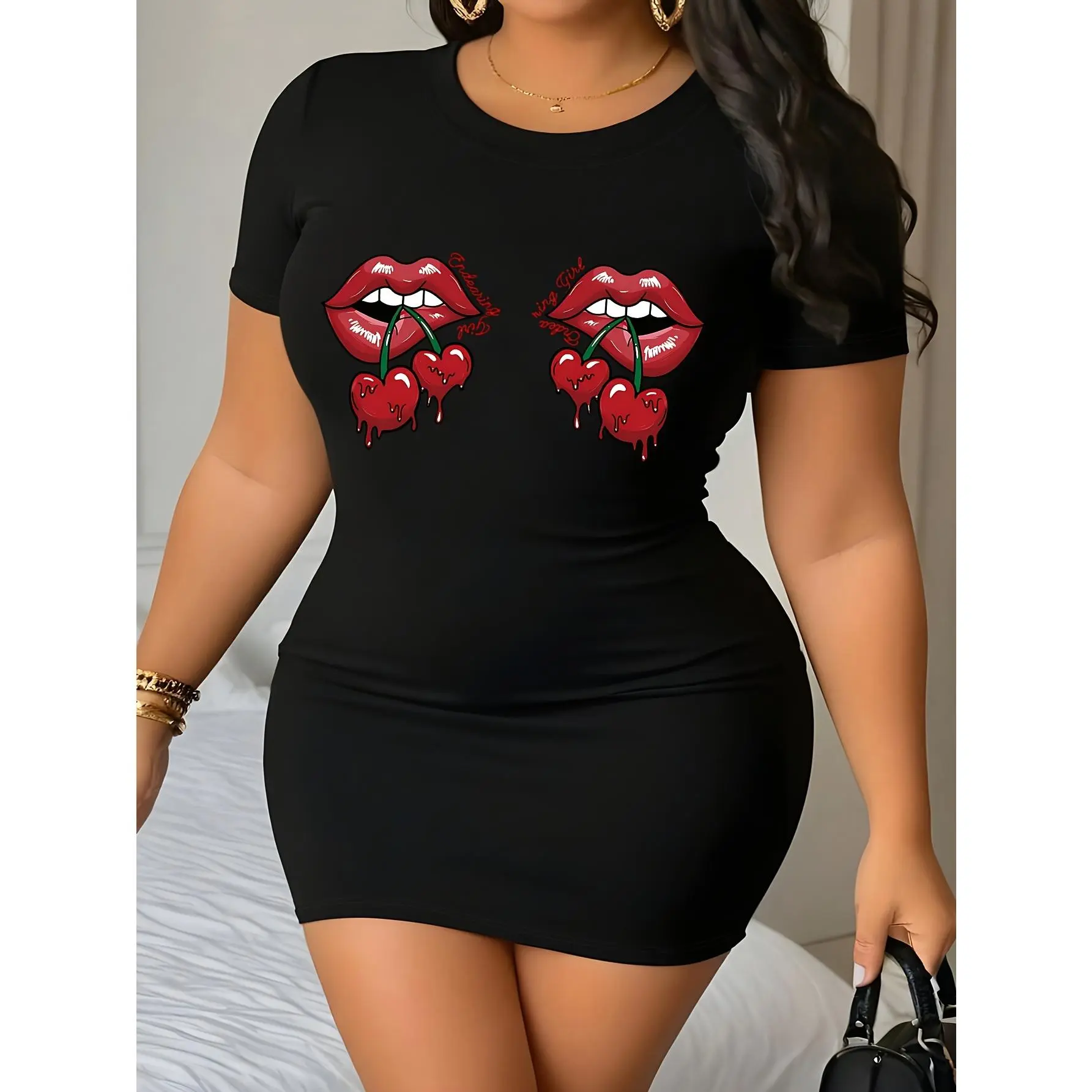 Plus Size Women'S Fashion Red Lip Cherry Letter Print Casual Athletic High-Stretch T-Shirt Dress Bodycon Dress