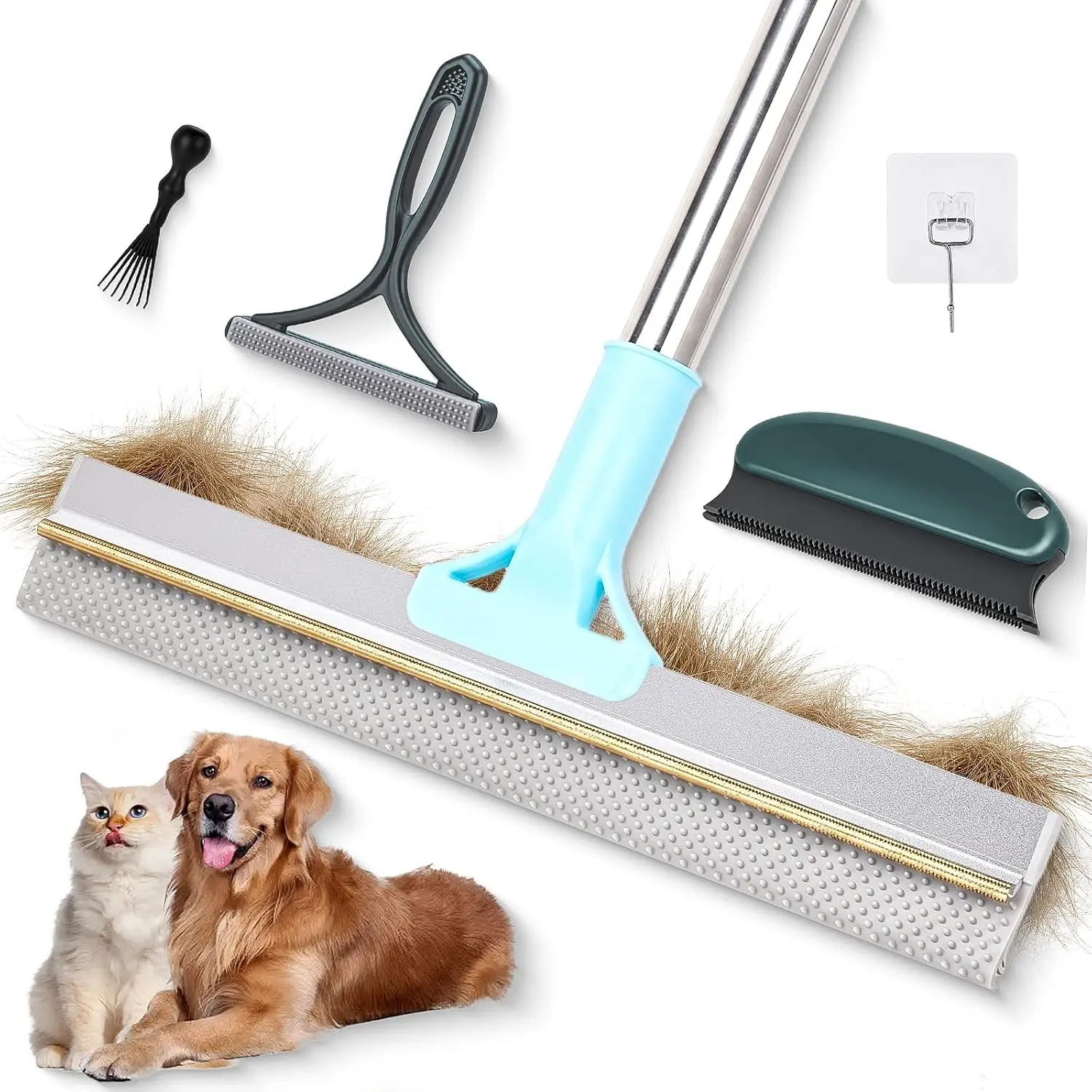 Metal Pet Hair Removal Carpet Rake with Dual-Action Cleaning System, Ergonomic & Labor-Saving Adjustable Long Handle, 3 Silicone Washable Brushes for Rugs, Mats, 1 Brush Cleaning Comb