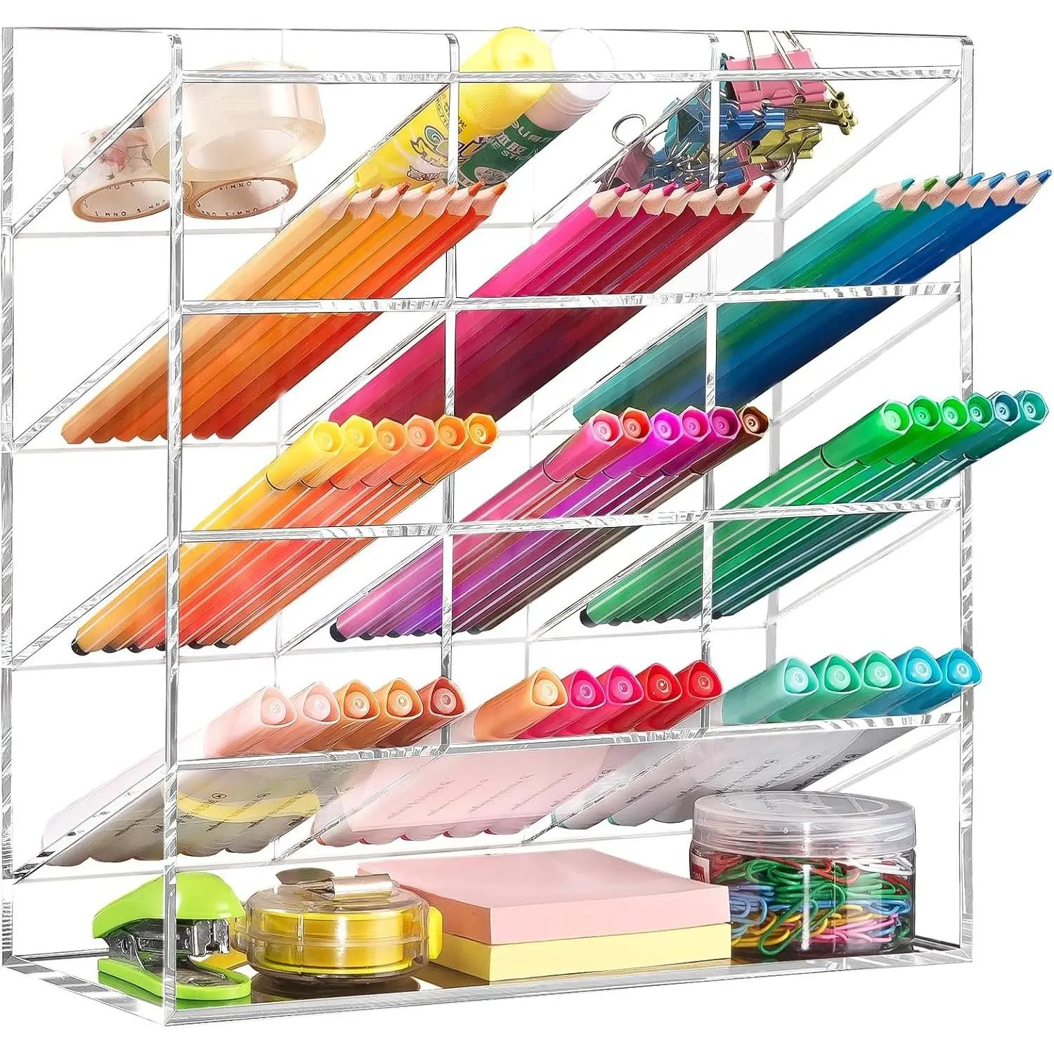 Acrylic Vertical Marker Organizer for 150 Markers with 13 Compartments, Clear Angled Pen & Pencil Holder, Large Desk Stationery & Art Supply Storage for Office & School (10.2 x 9.8 x 4 Inch)