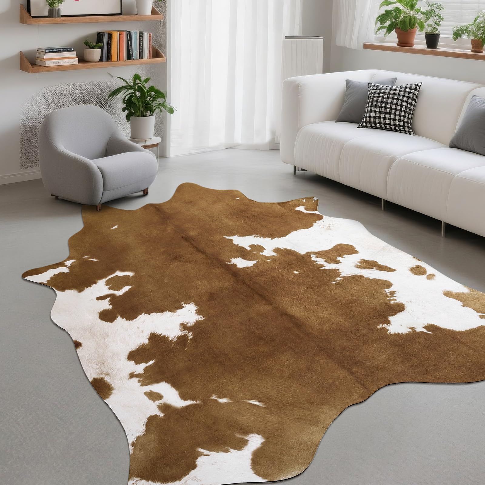 5.2x6.2 Feet Cow Hide  Area Rug for Living Room, Western Cowhide Large Faux Animal Skin Rugs, Non-Slip Cow Print Carpet for Bedroom Office Kitchen Fireplace, Blac,Grey,Khaki,Brown,Black/White,Yellow Brown,Dark Brown,4.6x5.2 ,5.2x6.2 Feet