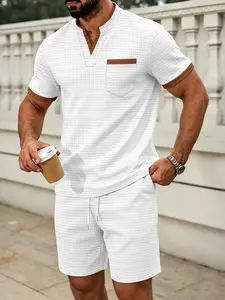 Trendy Colorblock Trim Men's Two-Piece Set, Waffle Large Grid V-Neck Pocket Top + Loose Drawstring Shorts, Street Style Design