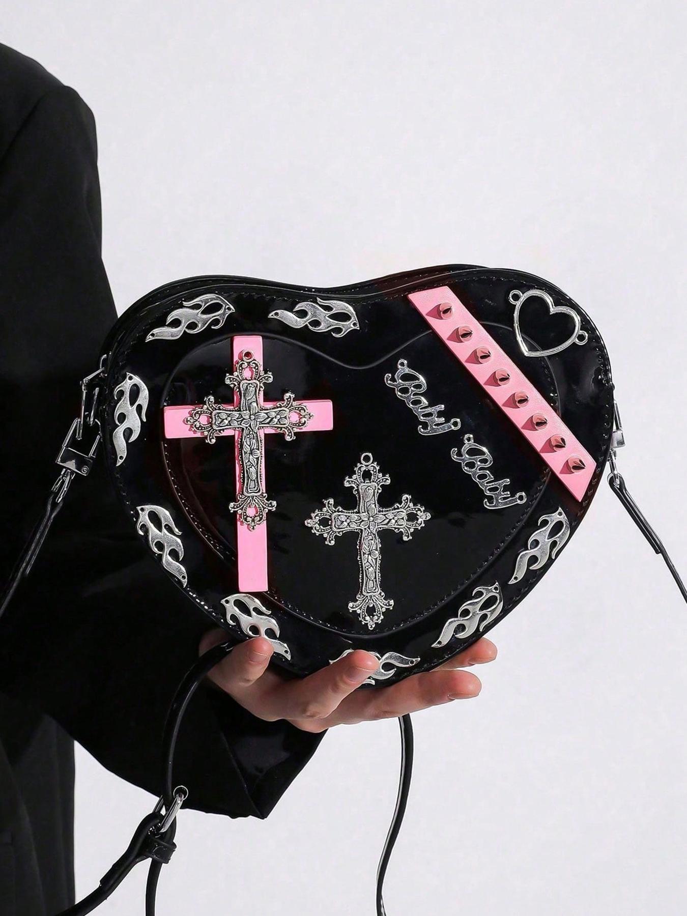 Halloween dark heart-shaped bag, Gothic cross flame decoration, black and pink contrast rivet shoulder crossbody bag, Fashionable crossbody bag, with multiple colors to choose from, suitable for daily travel, shopping