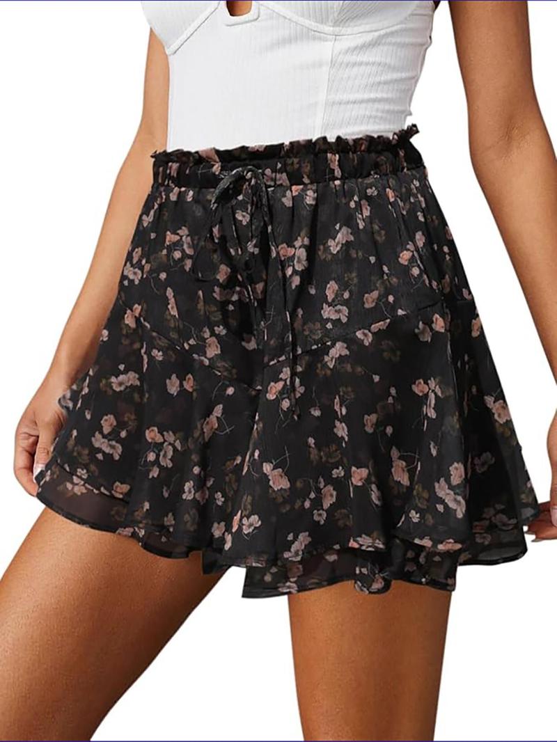 Women's Floral Print Ruffle Trim Pantskirt, Boho Hippie Skirt, Boho Fashion Casual Pantskirt for Daily Holiday Vacation Wear, Ladies Bottoms for Summer