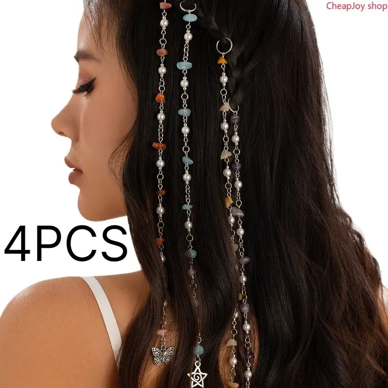 4PCS-Bohemian Vacation Hair Accessories, long chain with natural stone chips, butterfly and star shaped braid hair ornaments, trendy boho hair decor for braids, dreadlocks, beach trips and holiday styling