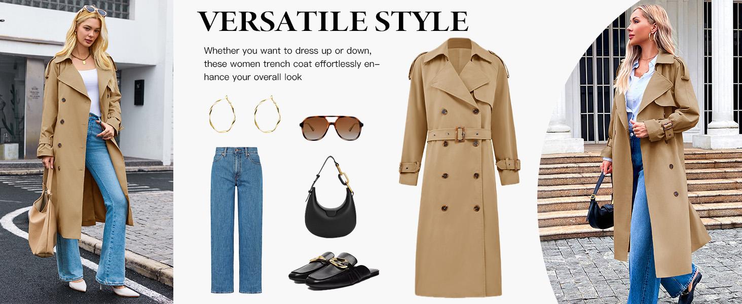 FMEYOA Womens Long Trench Coat Double Breasted Classic Lapel Fall Overcoat with Belt J7K066
