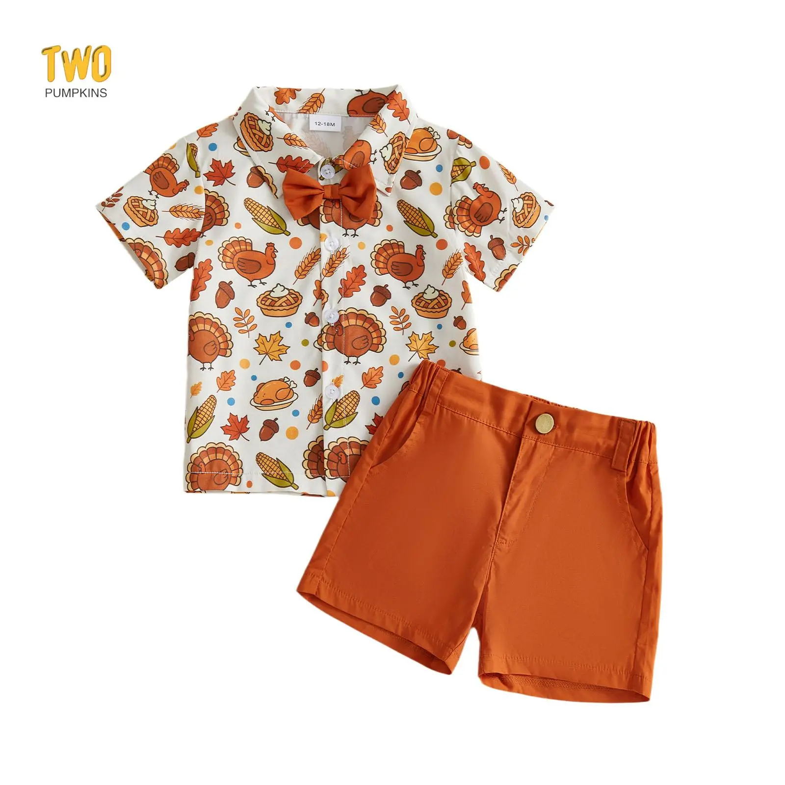 Little Boy Thanksgiving Outfit Printed Short Sleeve Bowtie Shirt and Shorts