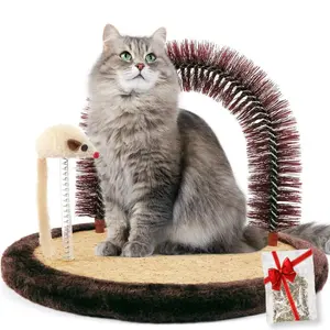 Large Cat Self Groomer, Arch Grooming Brush with Heavy Wooden Scratching Pad, Rubbing Post & Toy, Cat Face Scratchers Body Massager for Indoor Cats, Brown