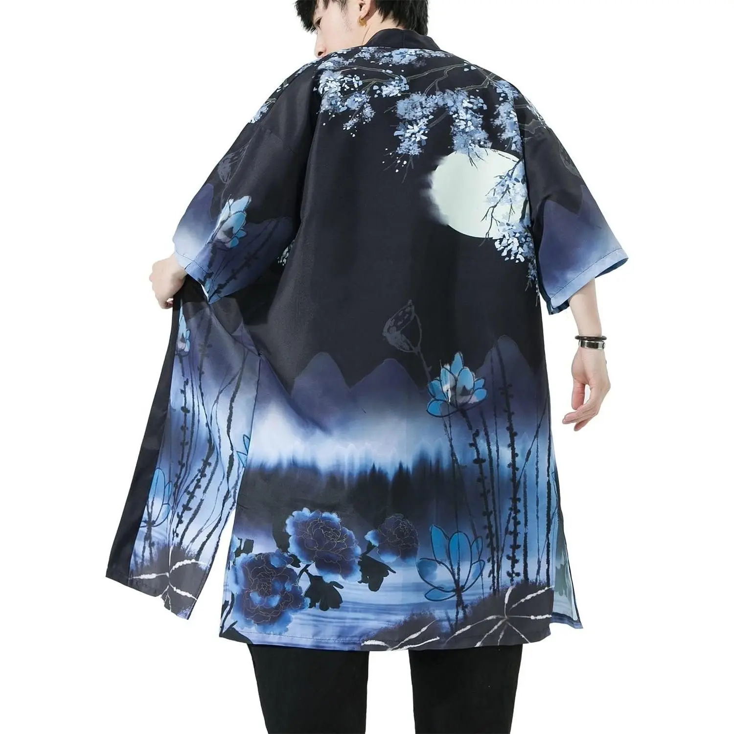Men's Haori, Long Kimono Cardigan Jacket Japanese Style Flying Crane Seven Sleeves Open Front Coat