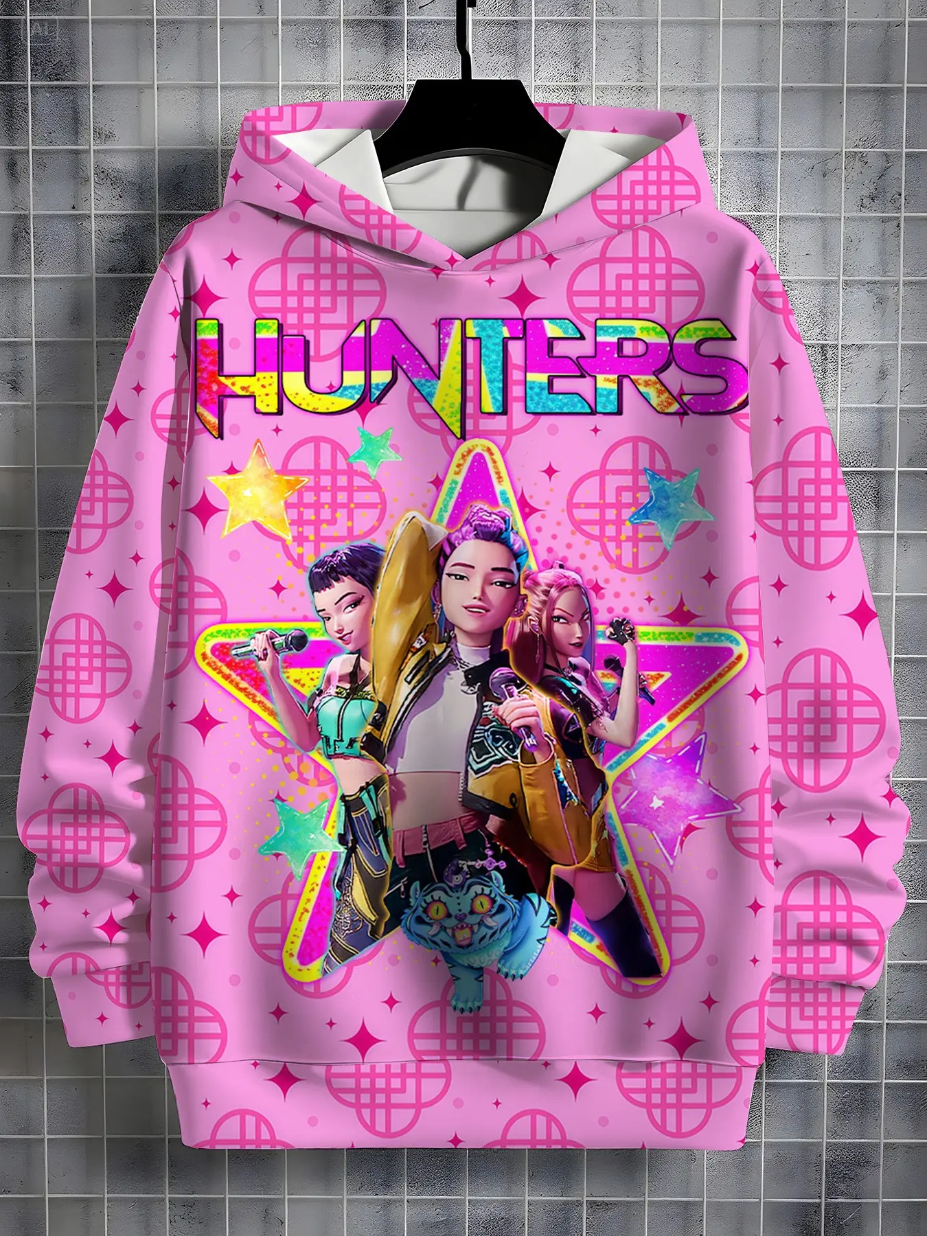 Girls Hunters Band Pop Star Graphic Hoodie, Little Girls Anime Girl Group All over Print, Loose-Fitting Long Sleeve Hooded Sweatshirt, Casual Print Hoodie