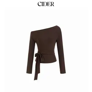 Cider Asymmetrical Neck Belted Long Sleeve Top SummerFinds