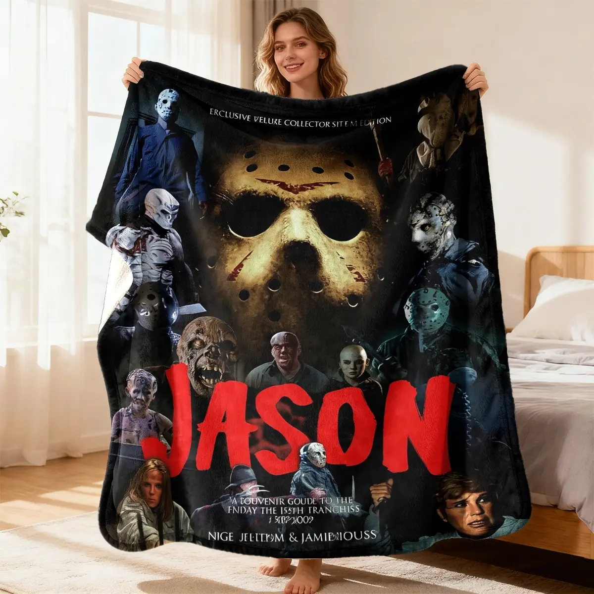 Jason Voorhees Horror Theme Flannel Throw Blanket - Wrinkle Free Soft Fleece, Multi-Size, Big Hockey Mask Center, Friday The 13th Movie Print, Man Cave Sofa Decor Gift for Slasher Fans