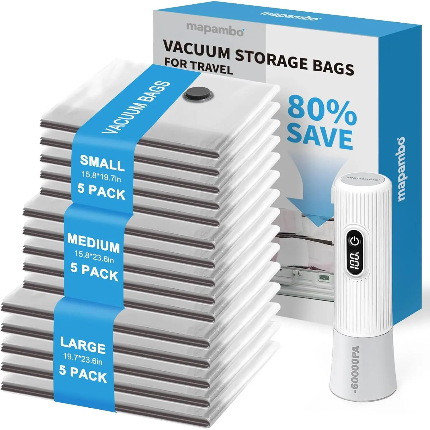 Vacuum Seal Bags for Clothing Travel with -60000Pa LED Pump, 15 Pack Travel Vacuums Bag Set with Pump in 3 Combo Sizes.Vacuums Bags for Clothes (15 Combo)