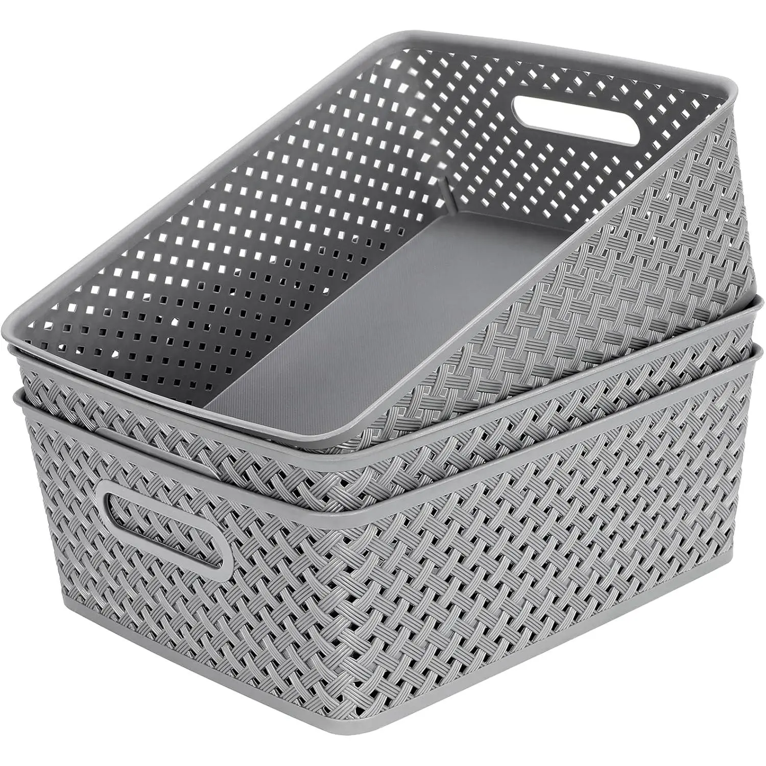 Organization and Storage 3 Packs, Plastic Bins Organizer Bins, Woven Baskets for Storage, Plastic Baskets with Handles, Grey Basket for Organizing, Basket Organizer for Home and Office, Large