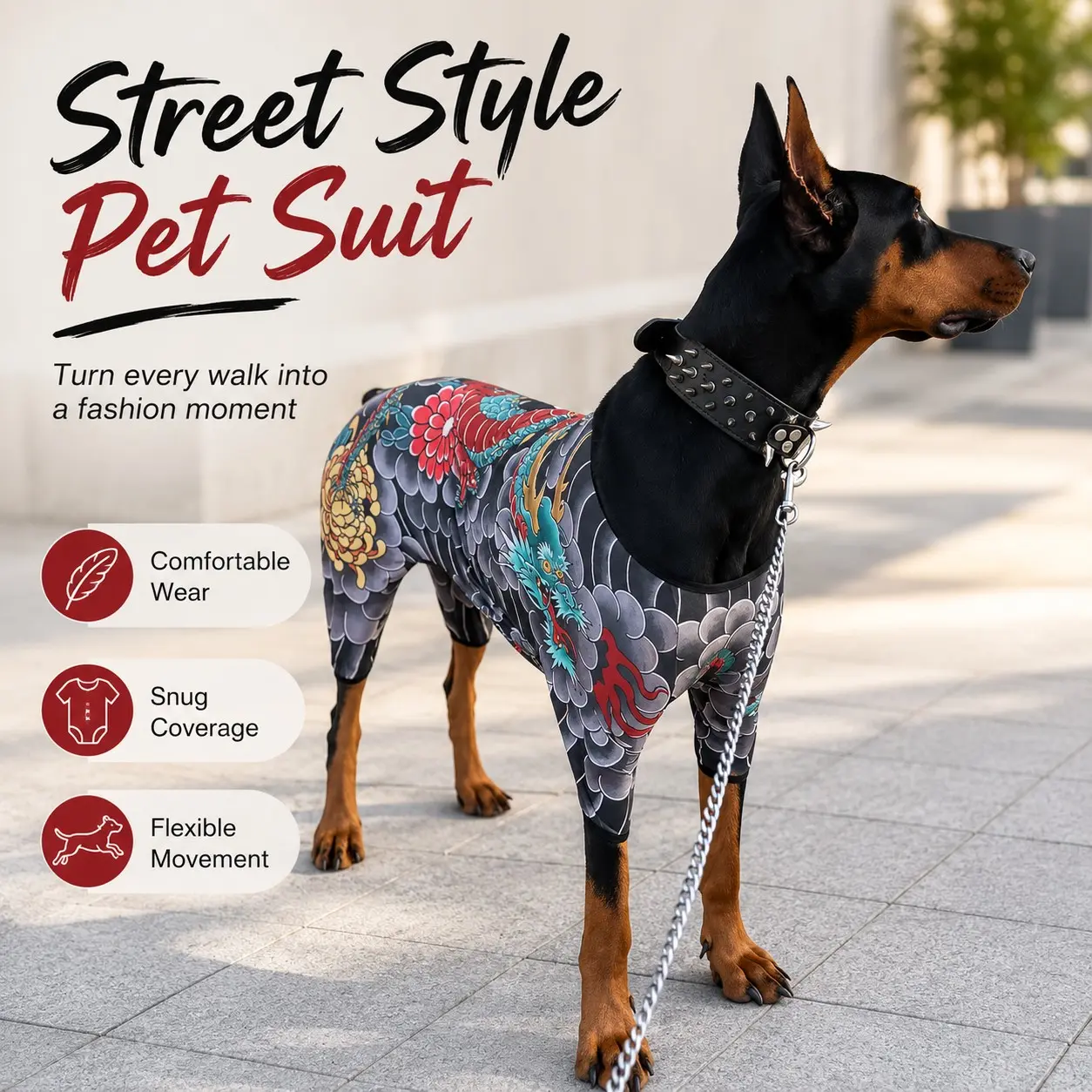 Pet Tattoo for Cats and Dogs, Funny and Stylish All-Season Warm Bodysuit, Traditional Japanese Design, Stain-Resistant, Fits Small and Large Pets