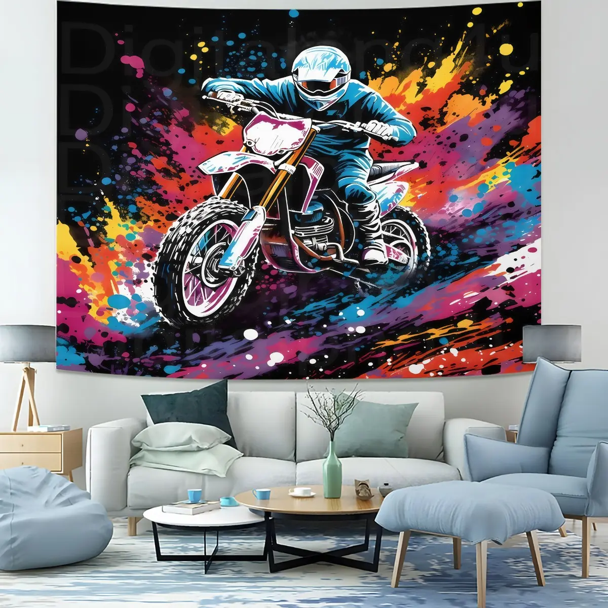 Graffiti Motorcycle Pattern Tapestry, 1 Fashionable Room Flag, Artistic Home Decoration, Suitable For Teenagers, Adults, Bedroom, Living Room, Dormitory Scenes