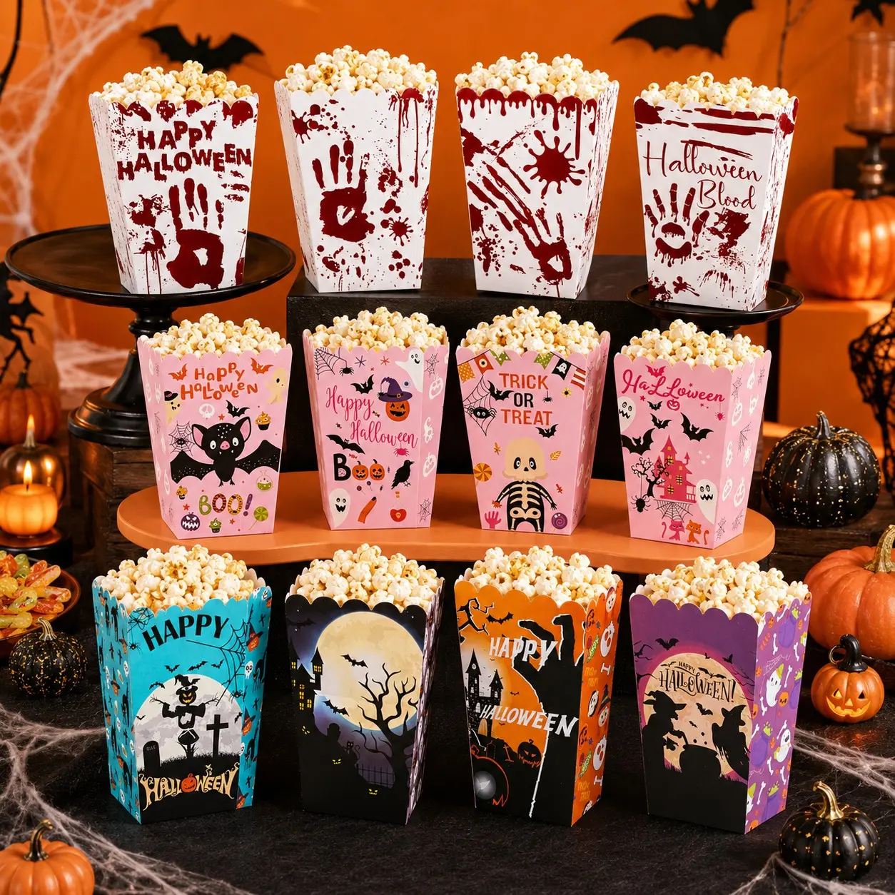 12pcs Halloween Horror Bloody Handprints Popcorn Candy Paper Boxs，for Halloween Theme Party Popcorn Fries DIY Packaging Boxs