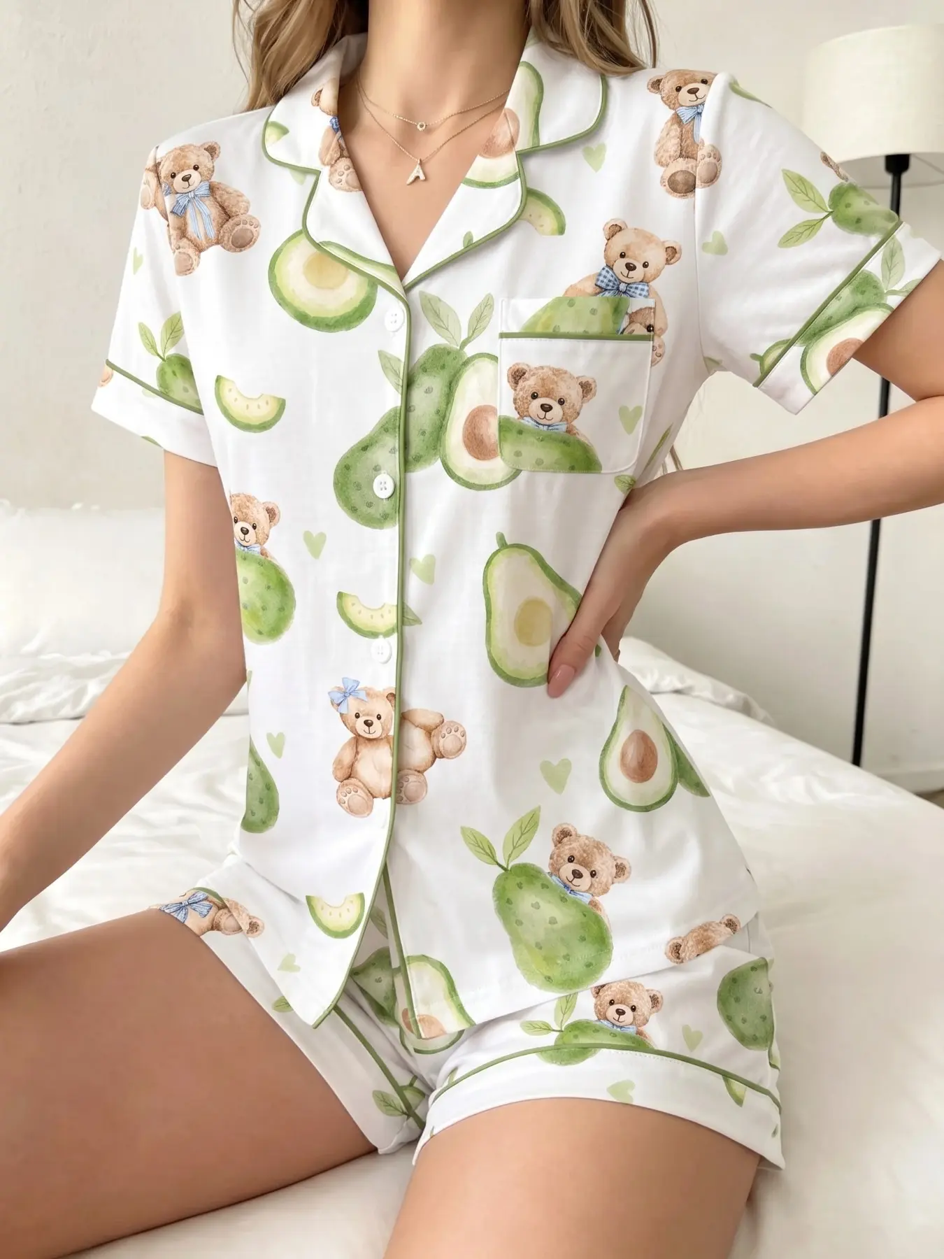 Women's Pajama Set, Avocado Plush Bear Pattern, Comfortable Nightwear, Soft Fabric, Casual Loose-Fitting, Short Sleeve, Above Knee