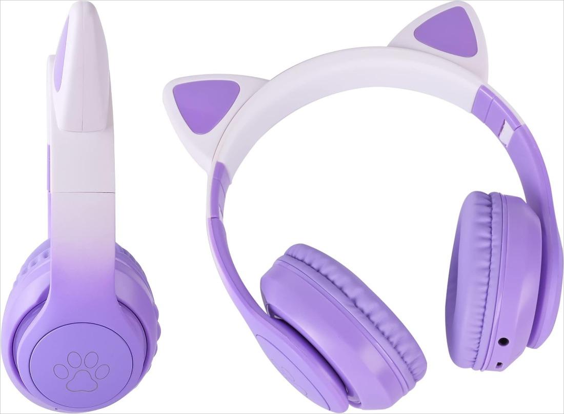 MELLOW MORNINGS P-HPS013   Cat Ear Kids Headphones Bluetooth, LED Light up Wireless/Wired Mode Over Ear Headphones with Build in Microphone for School/Travel (Purple)