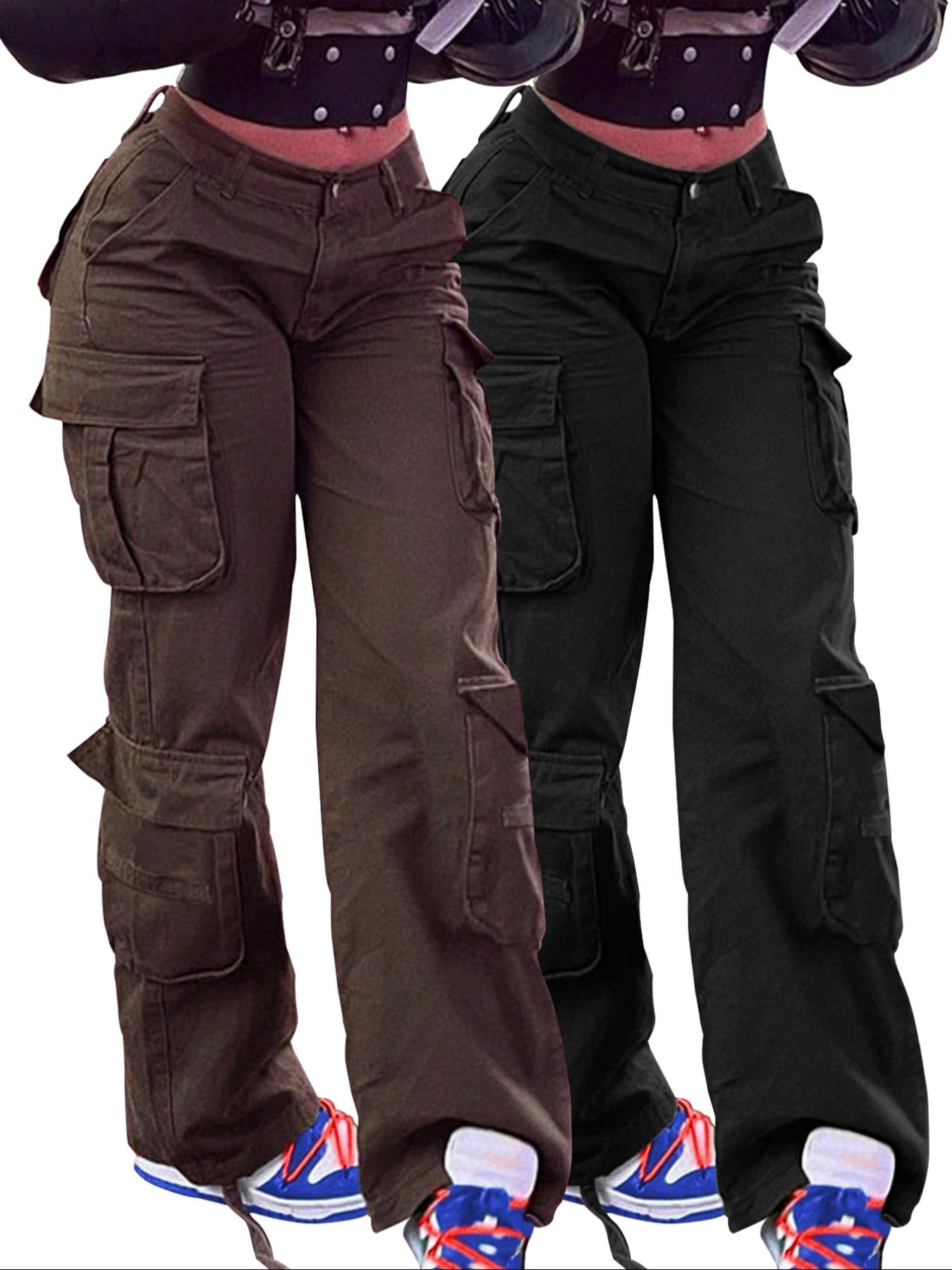 Women's Plain High-Waisted Cargo Pants with Pockets and Drawstring, Fashion Y2K K-Pop Style Streetwear Trousers for Daily Wear, Ladies' Baggy Pants for Fall & Winter