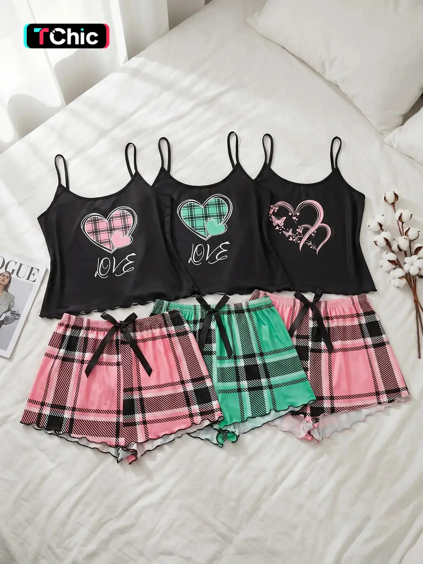 Women's 3 Pack Spaghetti Strap Cami Top and Shorts Pajama Set, Spring Summer Wear, Y2K Sweet Spicy Plaid Heart Print, Bow Waist Ruffle Hem, Retro Casual Sleepwear