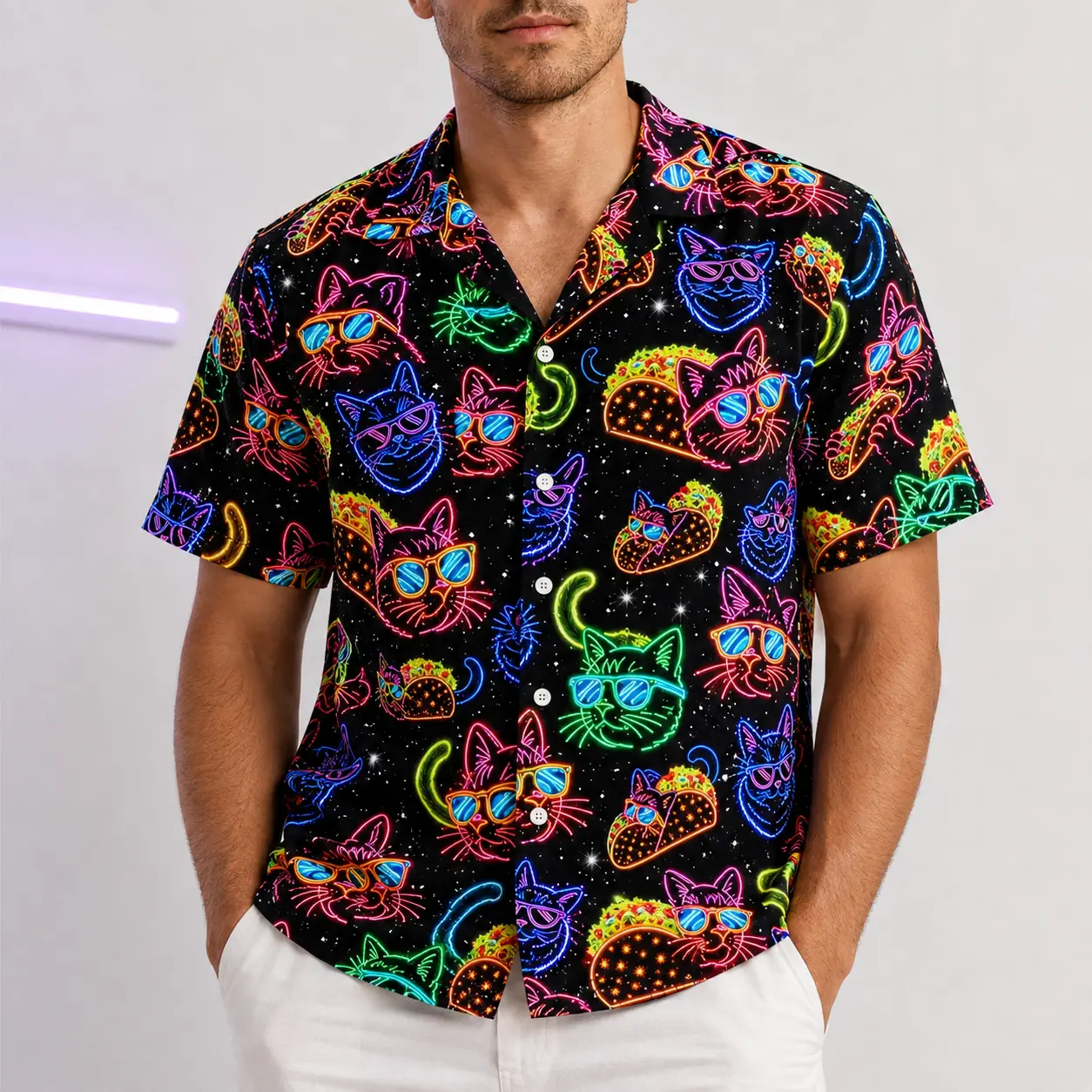 Men's Neon Cat Taco Hawaiian Shirt, Cool Sunglasses Cat Galaxy Space Neon Line All Over Print Short Sleeve Button Down Casual Party Summer Shirt