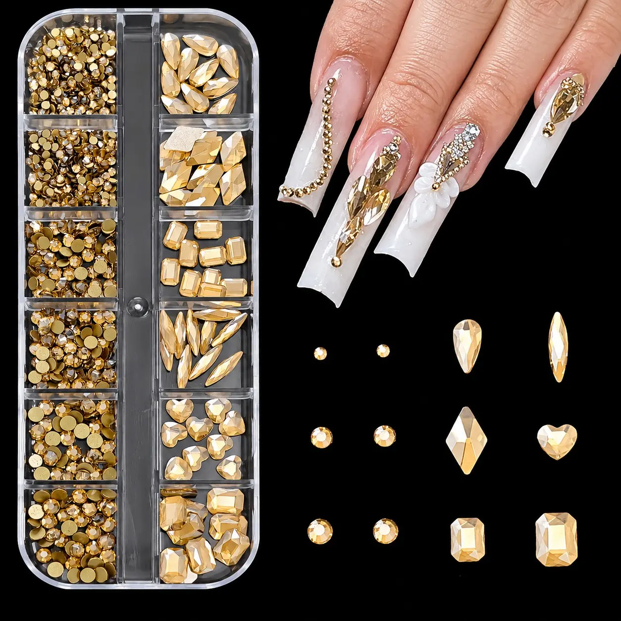1 Box Nail Art Rhinestones, 3D Crystal Shapes, Champagne, Flat Back, Includes Tool Kit, Nail Jewels, Rhinestone Nail Charms, Ideal for Nail Art & DIY Decorations