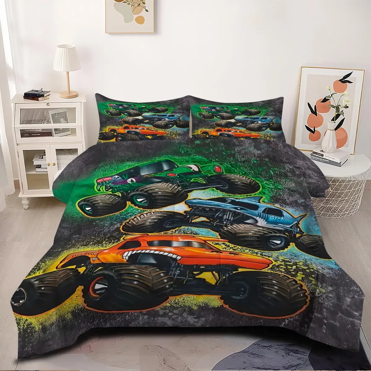 Monster Truck Pattern Comforter Set, 2/3Pcs Colorful Bedding Set, Soft Quilted Quilt, Cool Truck Themed Bedroom Decor for Boys, Ideal Gift for Car Fans. 1 or 2 Pillowcase, No Filling