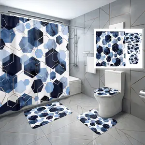 4pcs Luxury Blue Marble Geometric Shower Curtain Set, Abstract Hexagon Art Bathroom Decor, Non Slip Rugs, The floor mat fabric is thicker and softer! Toilet Lid Cover, Wedding Gift