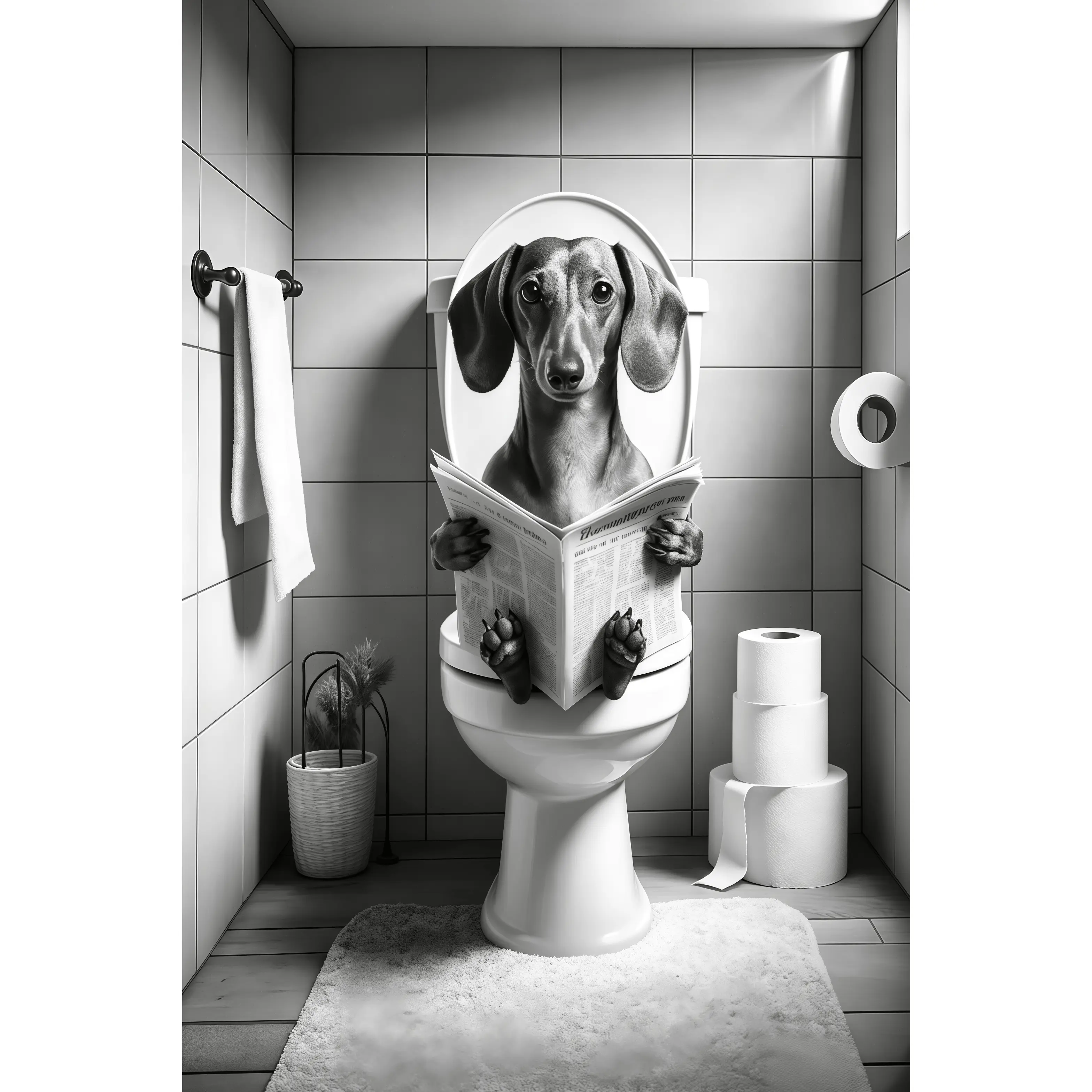 1 Piece Funny Dachshund On Toilet Reading Newspaper Canvas Wall Art, Humorous Dog Poster Print, Black And White Bathroom Wall Decor, Funny Bathroom Poster, Wiener Dog Wall Art, Dachshund Decor, Farmhouse Bathroom Decor, Pet Lover Gift