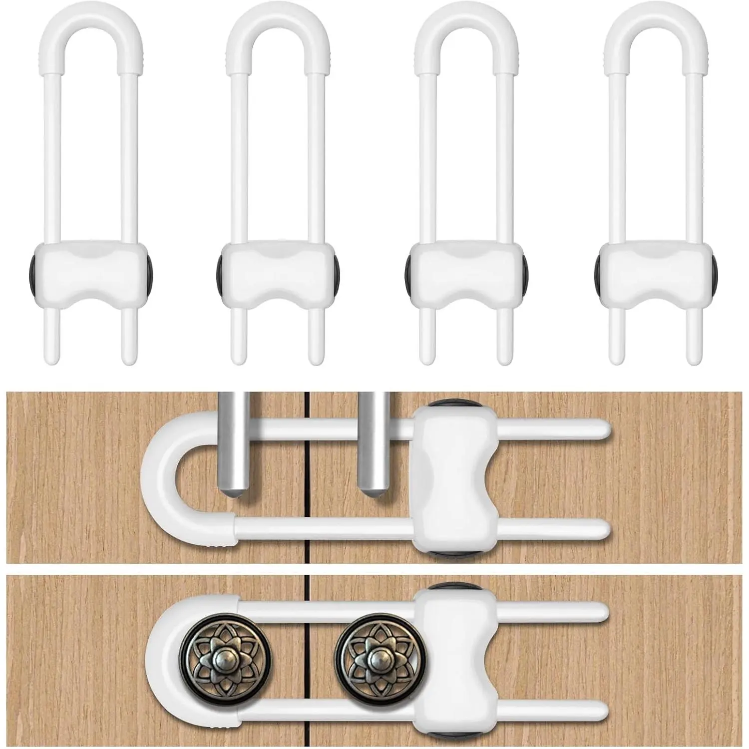 4 Pack Adjustable U-Shaped White Child Proof Baby Safety Cabinet Locks for Cabinets and Drawers