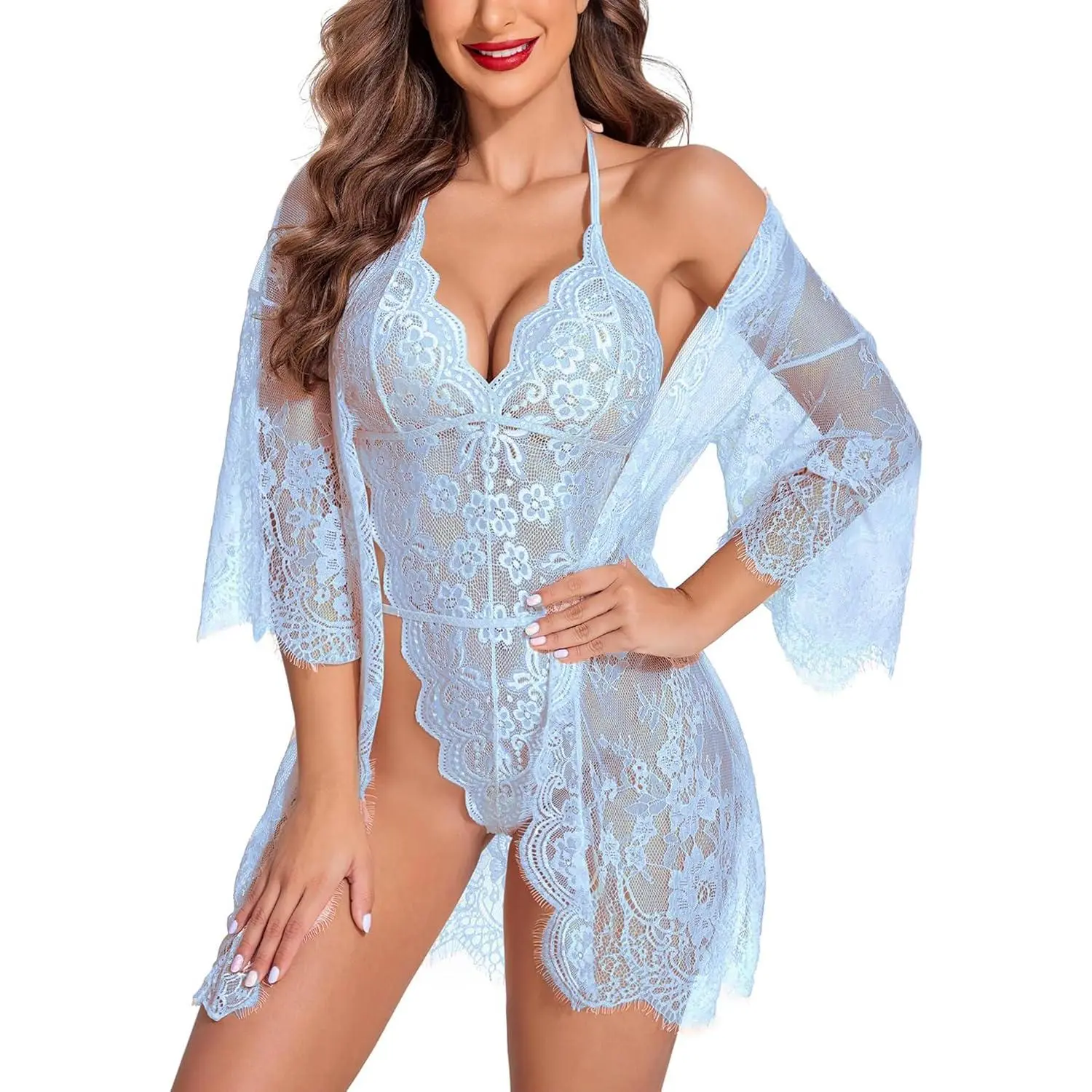 Women's 2-Piece Lingerie Set, Butterfly Lace Kimono Robe with Belt and Teddy Bodysuit, Comfortable Spandex Fabric for Casual Day Wear, Matching, Gorgeous, Sheer, Elegant, Dress, Satin, Scallop, Hand Wash, Polyester Spandex, Cardigan, Straps, Adjustable, P