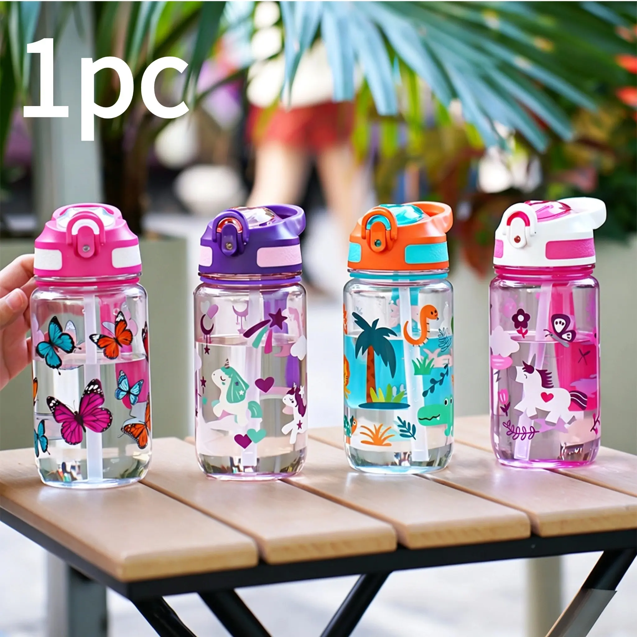 Kids Cartoon Print Straw Cup, Leak-Proof One-Touch Lid, Portable Tritan Material, Ideal for School, Outdoor, Travel, Toddler Water Bottle