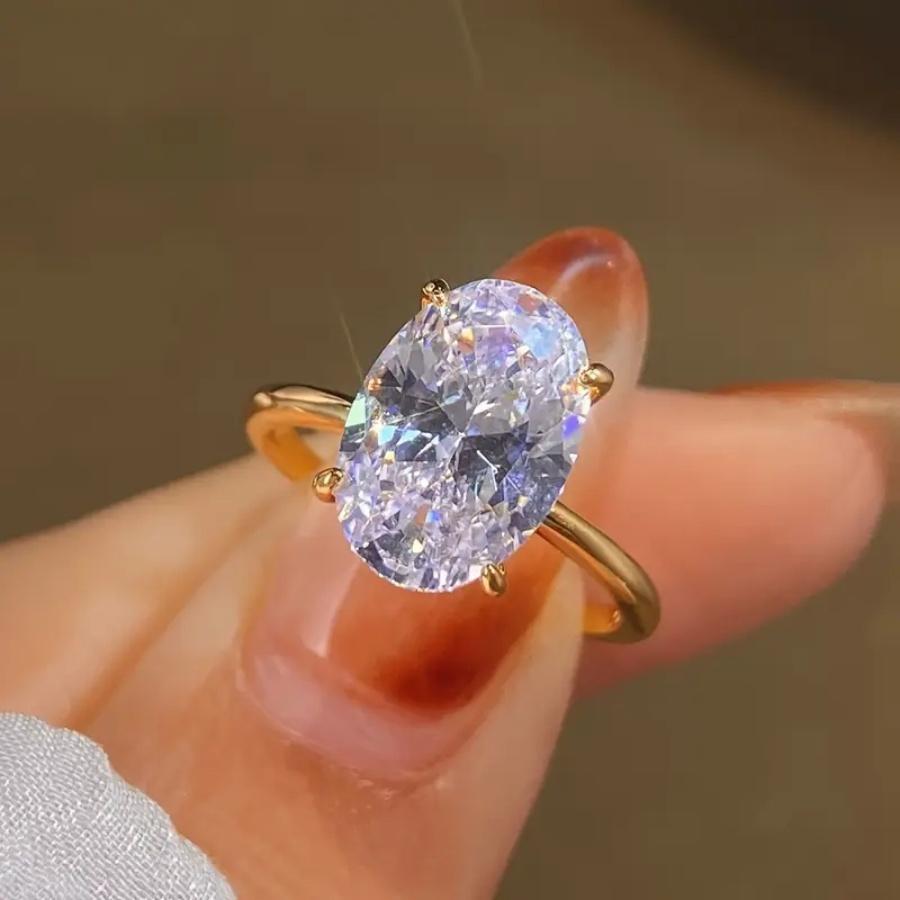 Elegant Oval Ring for Women, 4-Prong Engagement Style Copper Plated Ring, Diamond-Look Party Jewelry engagement rings