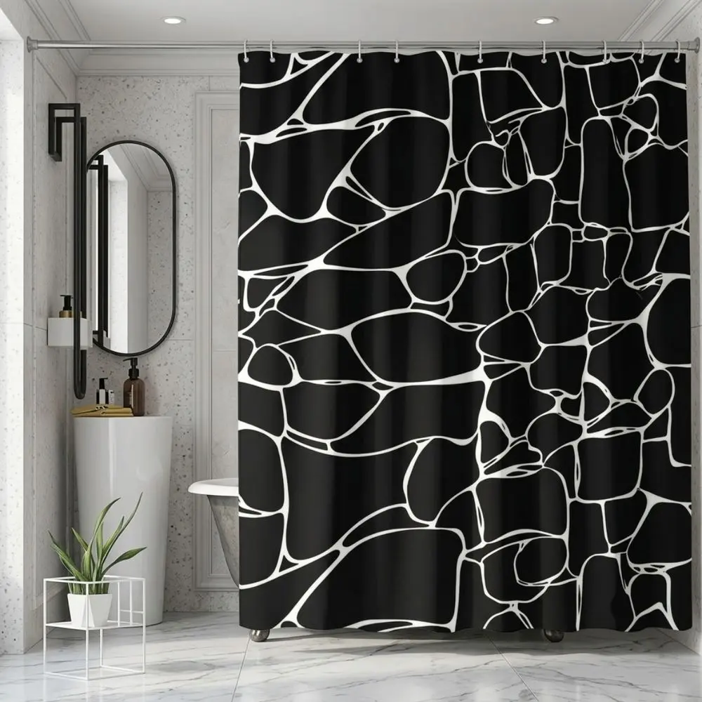 Modern Abstract Shower Curtain, Bold Black Irregular Shapes with Thick White Lines, Stained Glass Effect Mosaic Design, Contemporary Bathroom Decor, Minimalist Aesthetic for Holiday Home Refresh