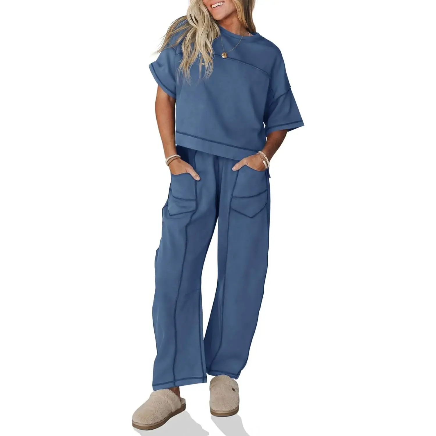 Womens 2 Piece Outfits Lounge Sets Short Sleeve Tops and Wide Leg Pants Travel Vacation Casual Matching Sets