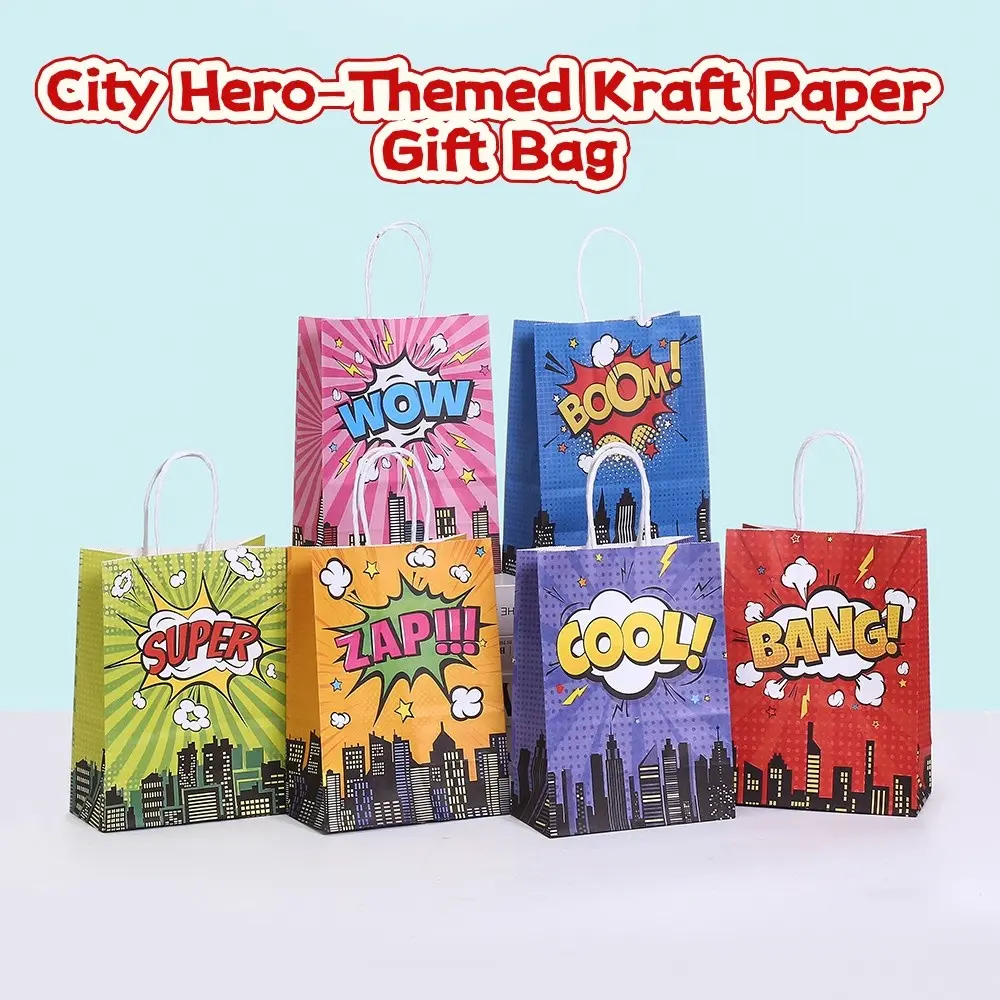 City Hero Theme Gift Bags with Handles, Kraft Paper Party Favor Bags, Shopping Bags for Retailers, Ideal for Birthdays, Weddings, Baptisms