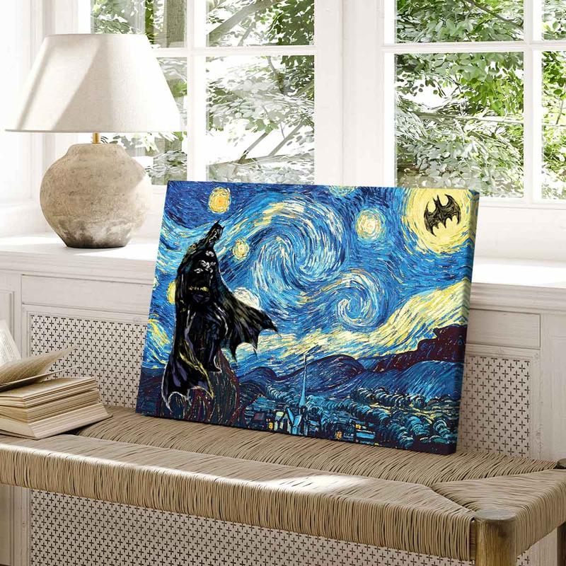 Van Gogh's Starry Sky Pattern Canvas Painting with Frame, Modern Art Bat Character Posters, Wall Art Decor for Home Living Room Bedroom Office, Halloween Van Gogh's Starry Sky Pattern Canvas Painting with Frame, Modern Art Bat Character Posters, Wall Art Decor for Home Living Room Bedroom Office, Halloween