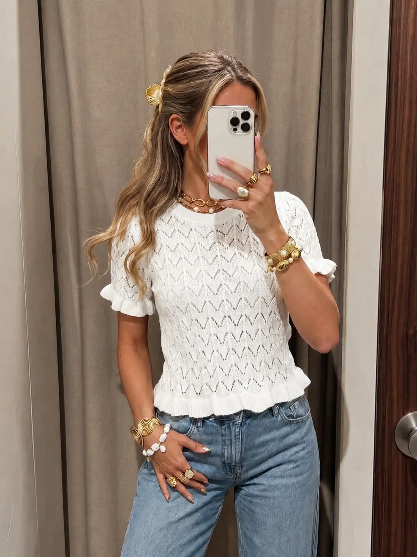 Women's Summer Hollow Out Short Sleeve Knit Top, Ruffle Round Neck Thin Shirt, Ideal for Casual Daily Commute and Vacation Wear, Casual Elegant Classy